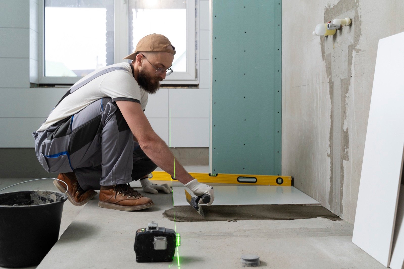 Pose de carrelage lors d'une rénovation de salle de bain